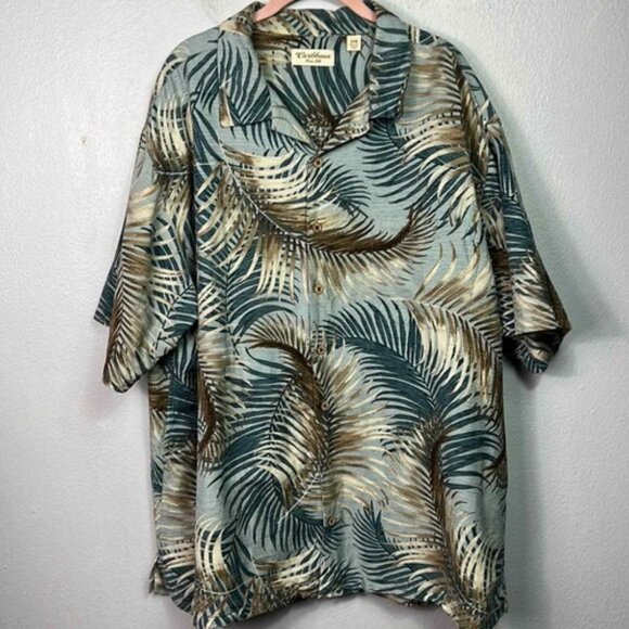 Caribbean Mens Pure Silk Palm Print Short Sleeve Button Front Shirt 2XL - Picture 1 of 3